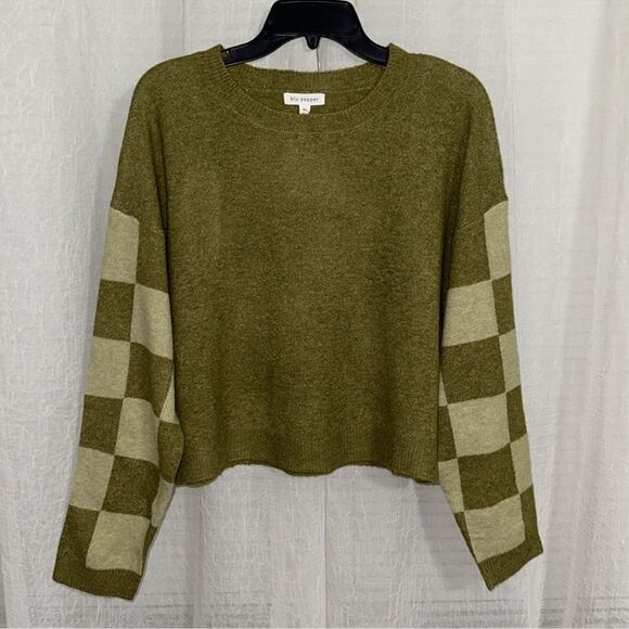 blu pepper XL Olive Moth Green Heather Knit Crew Checker Sleeve Boxy Sweater - Picture 5 of 15